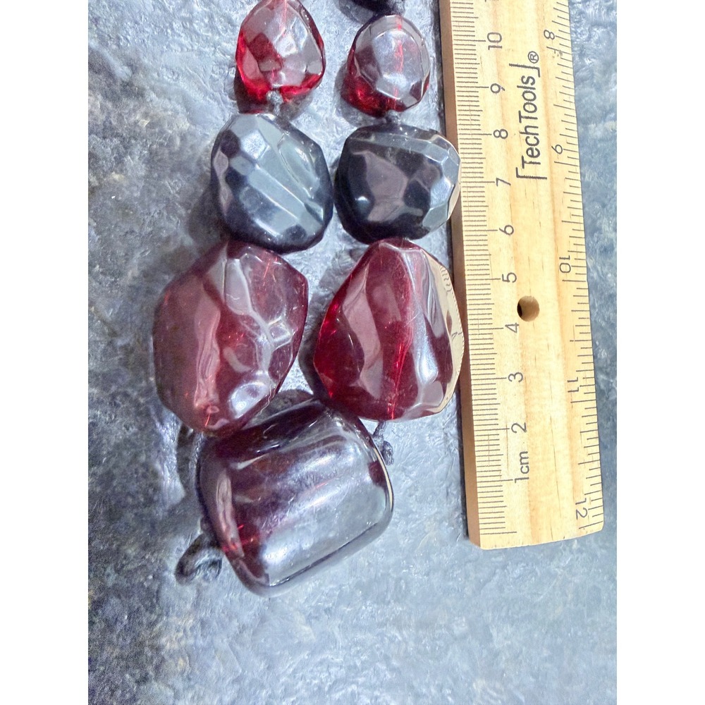 Vintage Chunky Ruby Red Glass Hematite Bead Statement Necklace Hand Knotted Boho - Picture 5 of 7